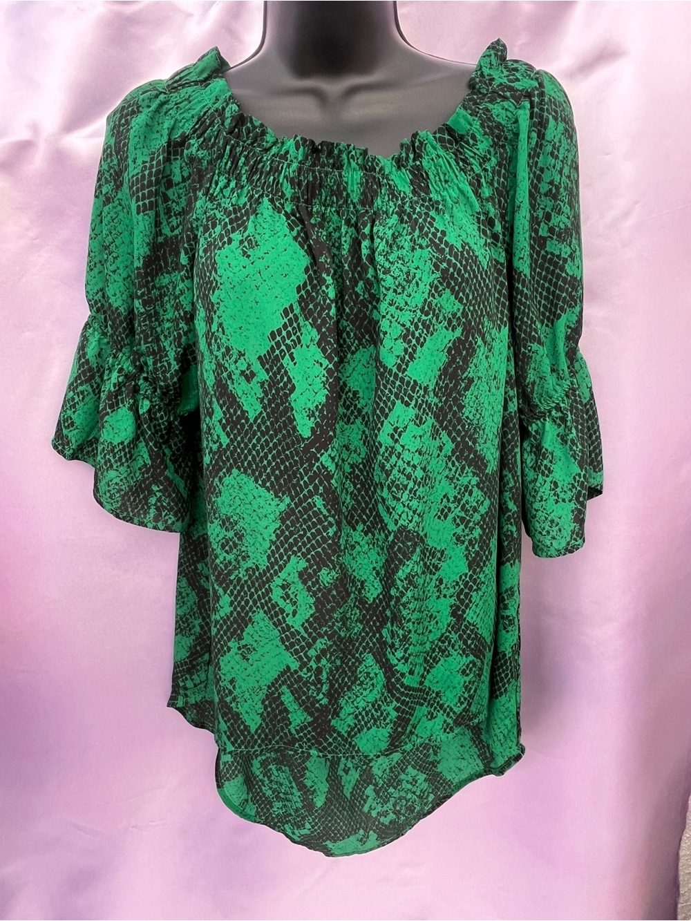 Soho Green and Black Snake-Print Off-Shoulder Blouse